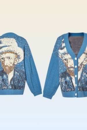 Vintage Van Gogh Knit Oversized Cardigan with Embroidery