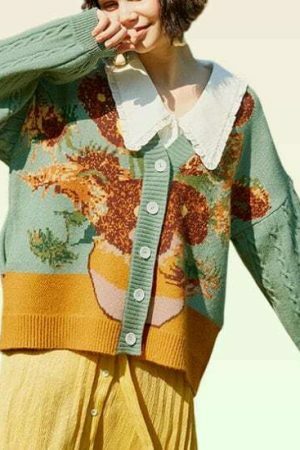 Vintage Van Gogh Knit Oversized Cardigan with Embroidery