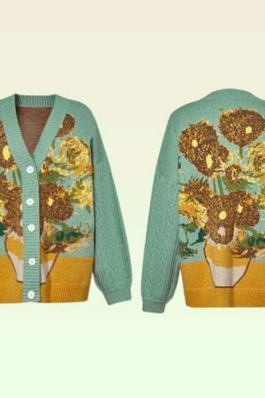 Vintage Van Gogh Knit Oversized Cardigan with Embroidery