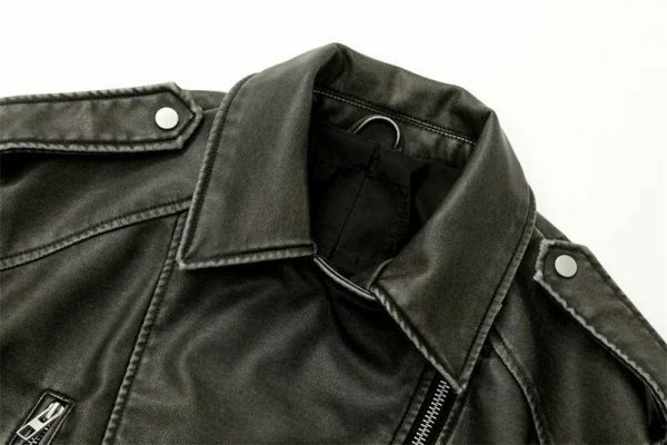 Vintage Washed Leather Jacket with Belt & Downgraded Zipper