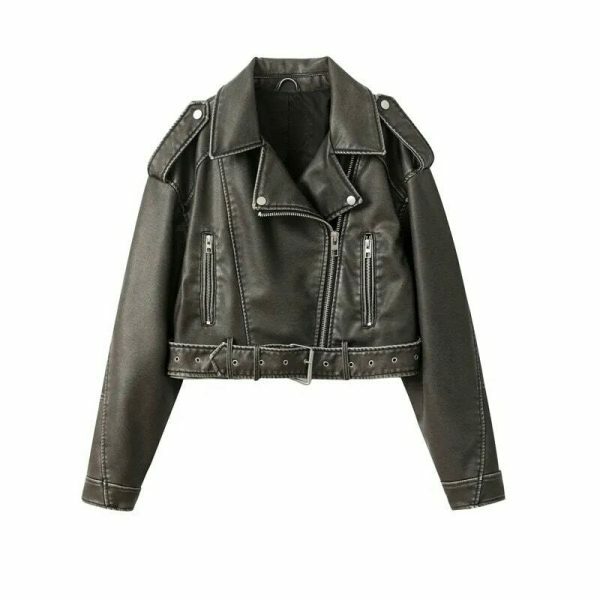 Vintage Washed Leather Jacket with Belt & Downgraded Zipper