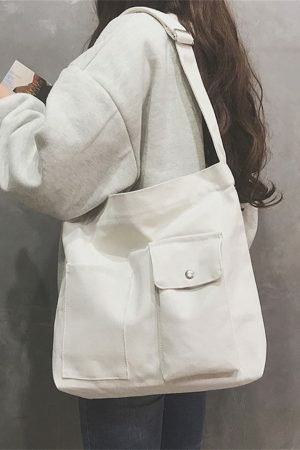 Vintage Y2K Canvas Shoulder Bag with Multiple Pockets