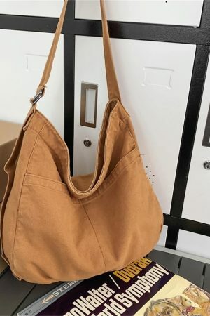 Vintage Y2K Canvas Shoulder Bag with Multiple Pockets