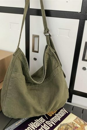 Vintage Y2K Canvas Shoulder Bag with Multiple Pockets