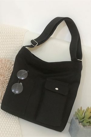 Vintage Y2K Canvas Shoulder Bag with Multiple Pockets