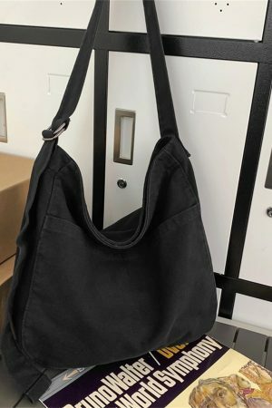 Vintage Y2K Canvas Shoulder Bag with Multiple Pockets