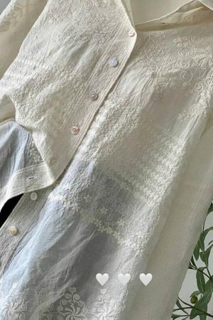 Vintage Y2K Embroidered Floral Beige Shirt - Women's Streetwear