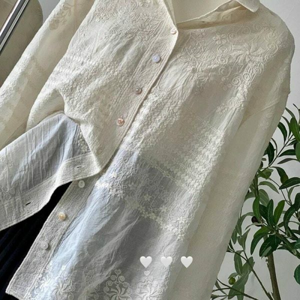 Vintage Y2K Embroidered Floral Beige Shirt - Women's Streetwear