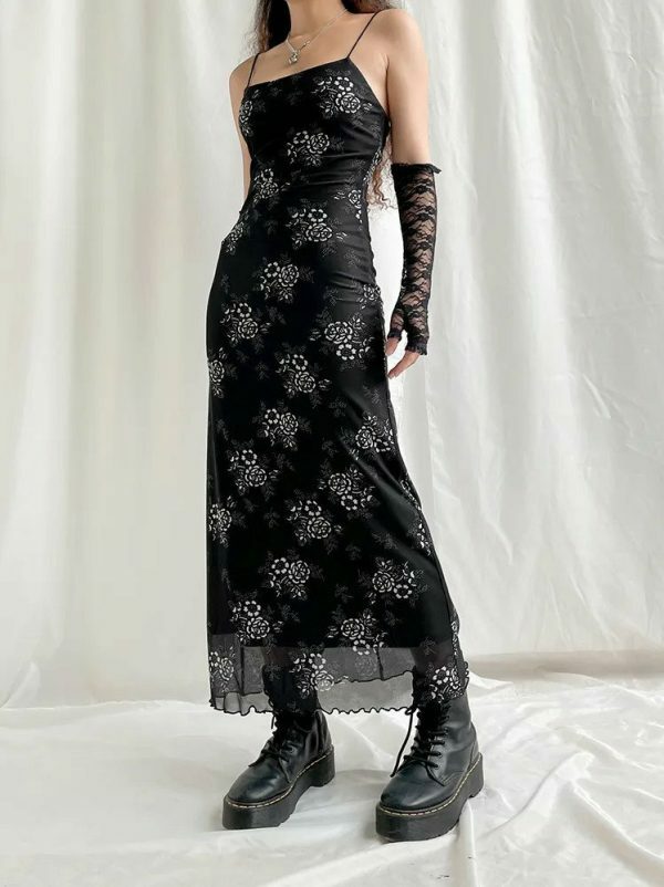 Vintage Y2K Mesh Maxi Dress | Dark Academic Goth Aesthetic | Streetwear Fashion