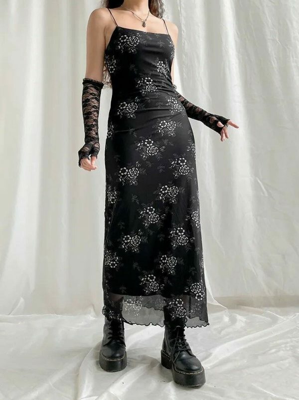 Vintage Y2K Mesh Maxi Dress | Dark Academic Goth Aesthetic | Streetwear Fashion