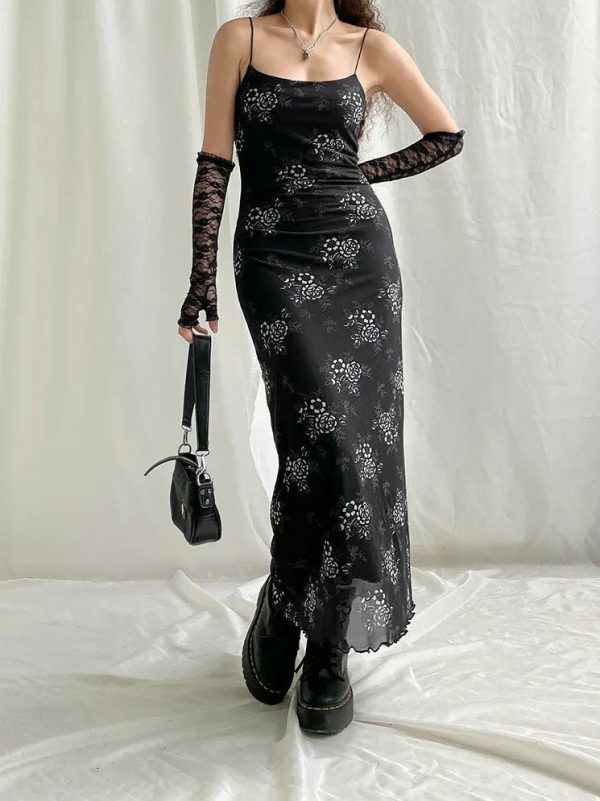 Vintage Y2K Mesh Maxi Dress | Dark Academic Goth Aesthetic | Streetwear Fashion