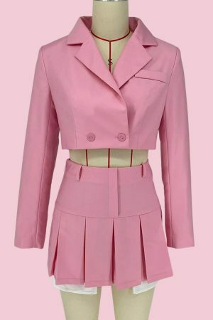 Vintage Y2K Women's Aesthetic Fall Blazer Suit with Gothic Top and Pleated Skirt