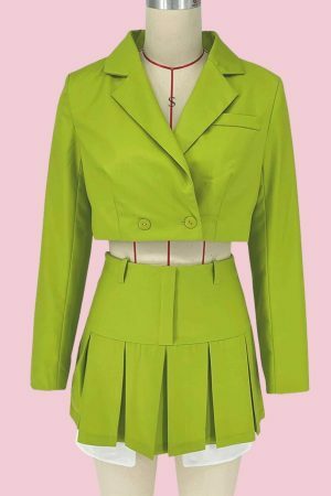 Vintage Y2K Women's Aesthetic Fall Blazer Suit with Gothic Top and Pleated Skirt