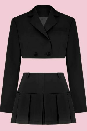 Vintage Y2K Women's Aesthetic Fall Blazer Suit with Gothic Top and Pleated Skirt