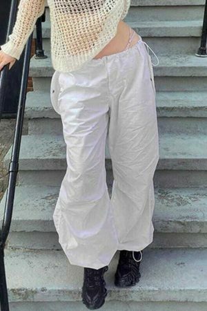 White Baggy Wide Leg Streetwear Cargo Pants for Women