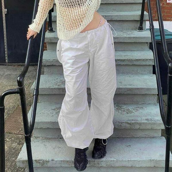 White Baggy Wide Leg Streetwear Cargo Pants for Women