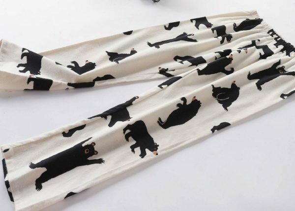 White Bear Print Streetwear Pajama Set | Y2K Aesthetic Long Sleeve Top and Trouser Set