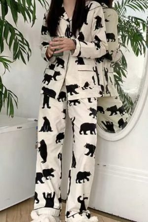 White Bear Print Streetwear Pajama Set | Y2K Aesthetic Long Sleeve Top and Trouser Set