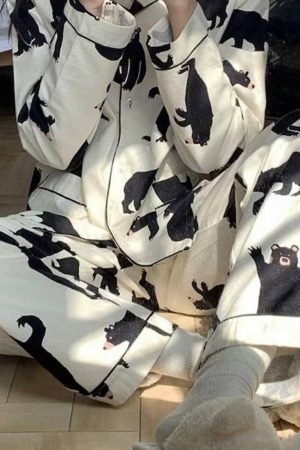 White Bear Print Streetwear Pajama Set | Y2K Aesthetic Long Sleeve Top and Trouser Set