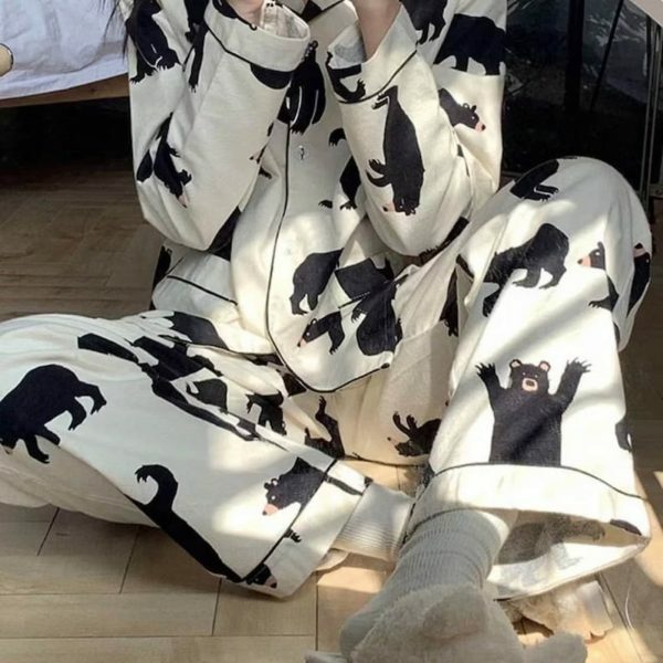 White Bear Print Streetwear Pajama Set | Y2K Aesthetic Long Sleeve Top and Trouser Set