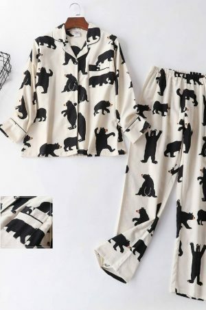 White Bear Print Streetwear Pajama Set | Y2K Aesthetic Long Sleeve Top and Trouser Set