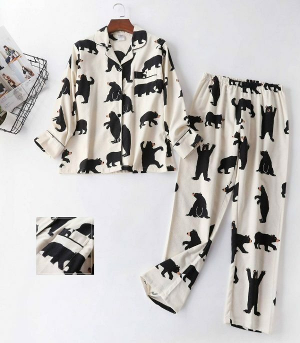 White Bear Print Streetwear Pajama Set | Y2K Aesthetic Long Sleeve Top and Trouser Set