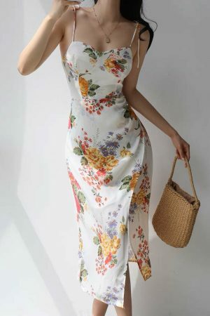 White Floral Midi Strap Dress - Y2K Korean French Retro Summer Aesthetic