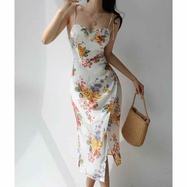 White Floral Midi Strap Dress - Y2K Korean French Retro Summer Aesthetic