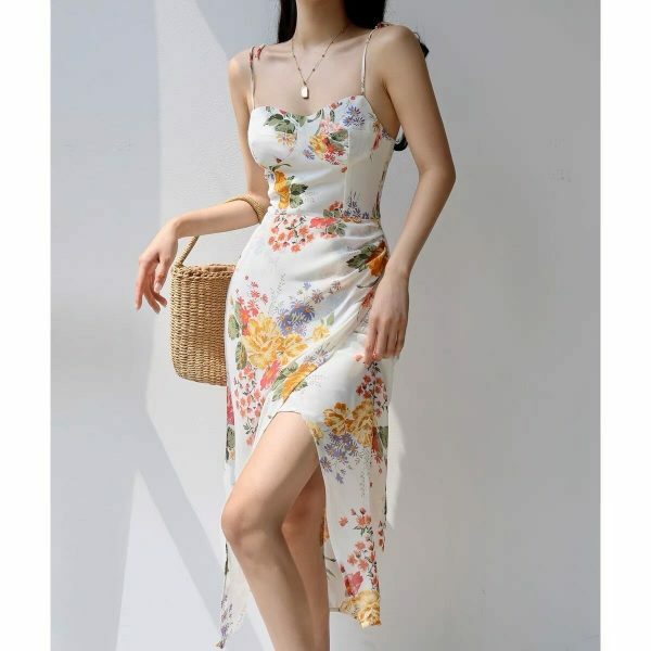 White Floral Midi Strap Dress - Y2K Korean French Retro Summer Aesthetic