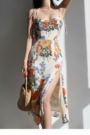 White Floral Midi Strap Dress - Y2K Korean French Retro Summer Aesthetic