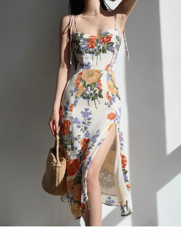 White Floral Midi Strap Dress - Y2K Korean French Retro Summer Aesthetic