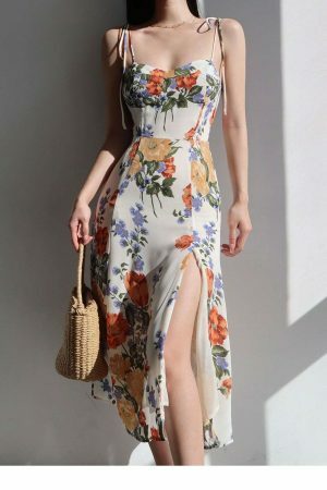 White Floral Midi Strap Dress - Y2K Korean French Retro Summer Aesthetic