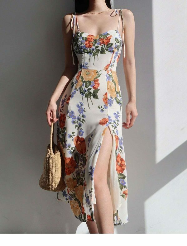 White Floral Midi Strap Dress - Y2K Korean French Retro Summer Aesthetic