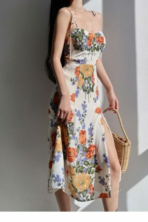 White Floral Midi Strap Dress - Y2K Korean French Retro Summer Aesthetic