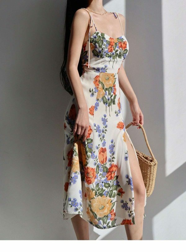 White Floral Midi Strap Dress - Y2K Korean French Retro Summer Aesthetic