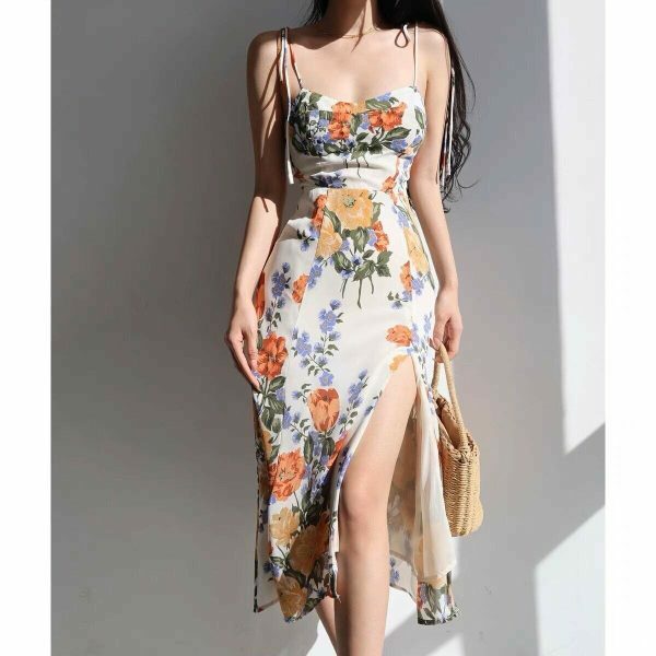 White Floral Midi Strap Dress - Y2K Korean French Retro Summer Aesthetic