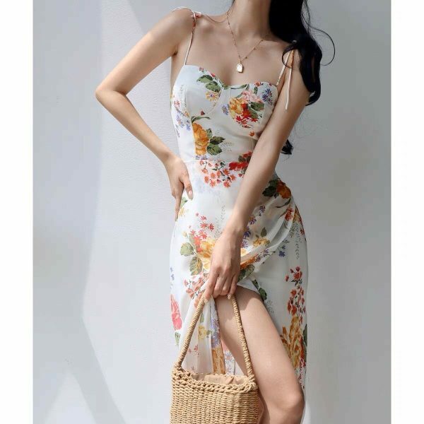 White Floral Midi Strap Dress - Y2K Korean French Retro Summer Aesthetic