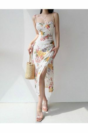 White Floral Midi Strap Dress - Y2K Korean French Retro Summer Aesthetic