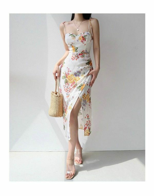 White Floral Midi Strap Dress - Y2K Korean French Retro Summer Aesthetic