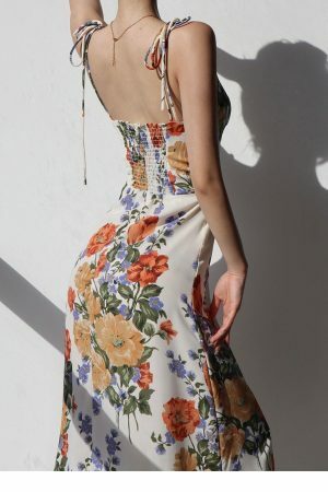 White Floral Midi Strap Dress - Y2K Korean French Retro Summer Aesthetic