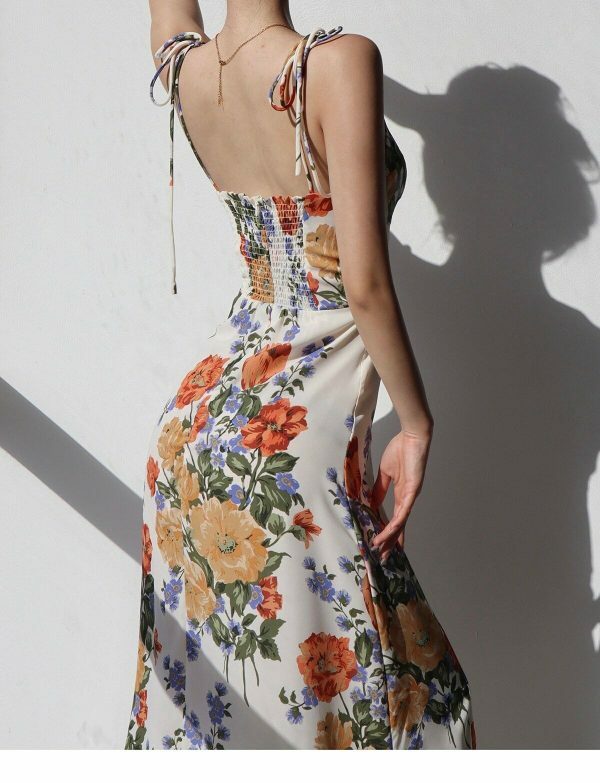 White Floral Midi Strap Dress - Y2K Korean French Retro Summer Aesthetic