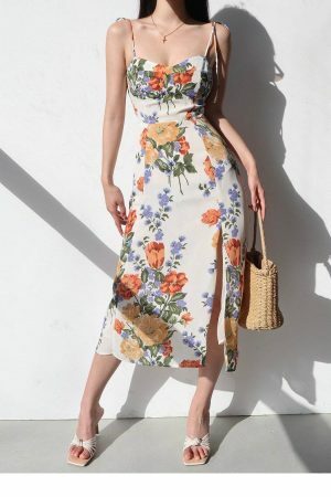 White Floral Midi Strap Dress - Y2K Korean French Retro Summer Aesthetic