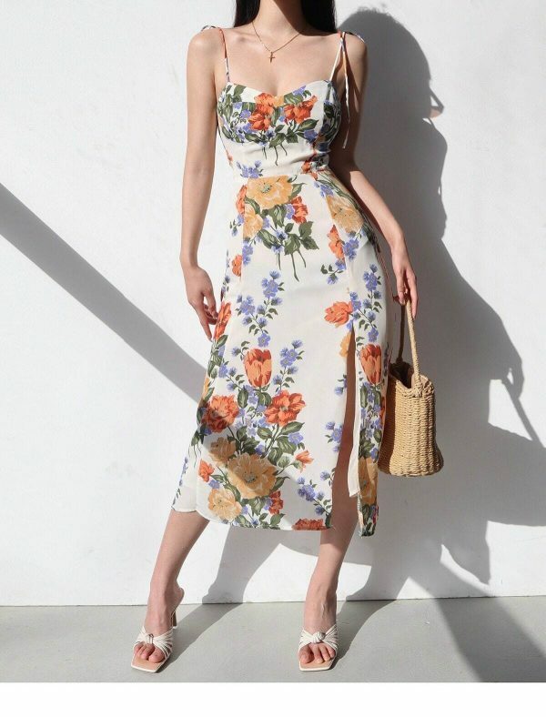 White Floral Midi Strap Dress - Y2K Korean French Retro Summer Aesthetic