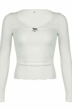 White Jewel Bow Long Sleeve Crop Top | Women's Streetwear Y2K Fashion