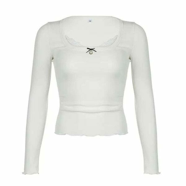 White Jewel Bow Long Sleeve Crop Top | Women's Streetwear Y2K Fashion