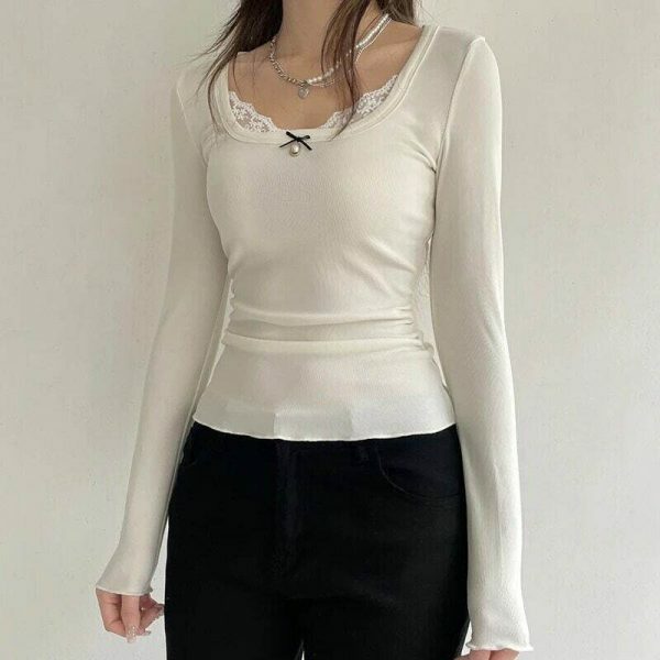 White Jewel Bow Long Sleeve Crop Top | Women's Streetwear Y2K Fashion