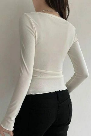 White Jewel Bow Long Sleeve Crop Top | Women's Streetwear Y2K Fashion