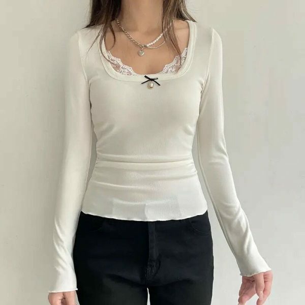 White Jewel Bow Long Sleeve Crop Top | Women's Streetwear Y2K Fashion