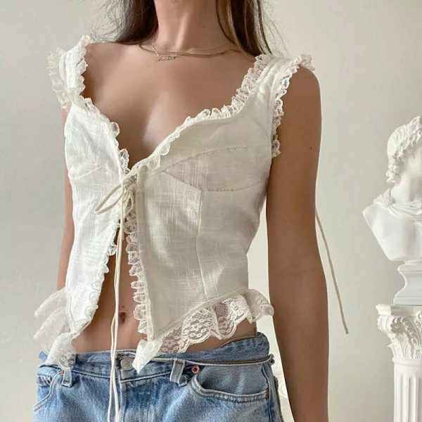 White Lace Trim Cropped Top with Y2K Aesthetic