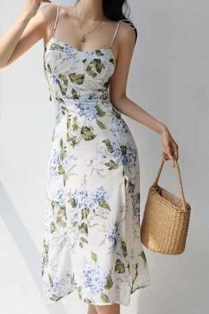 White Midi Tie Strap Chiffon Dress with Green Leaves and Blue Flowers - Y2K Streetwear Aesthetic